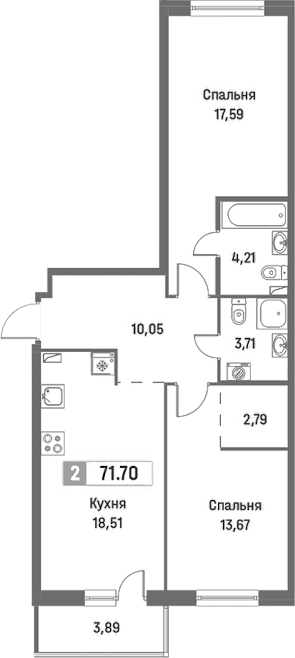 2-комнатная квартира 71.7 м², 2/16 эт., ЖК «Фотограф»