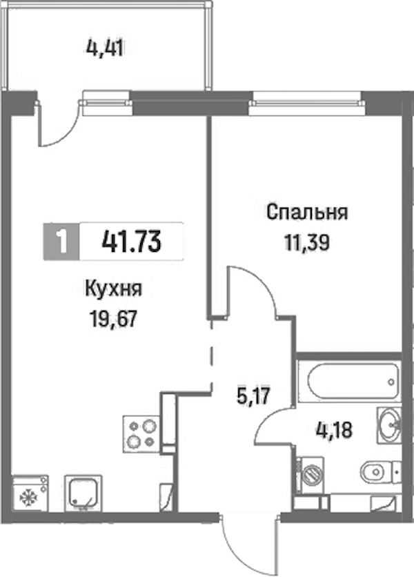 1-комнатная квартира 41.73 м², 3/16 эт., ЖК «Фотограф»