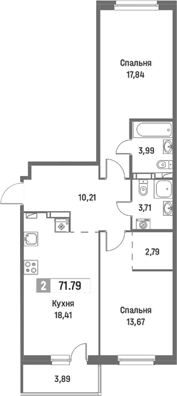 2-комнатная квартира 71.79 м², 3/16 эт., ЖК «Фотограф»