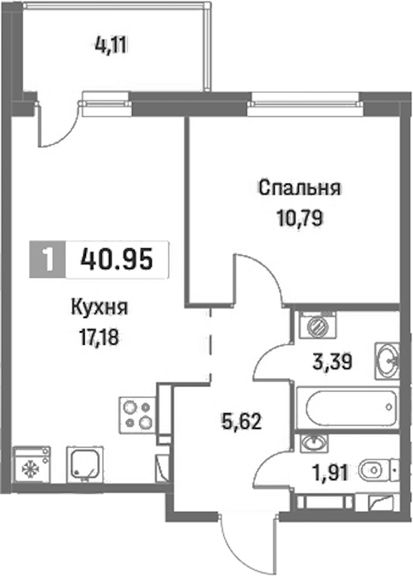 1-комнатная квартира 40.95 м², 11/16 эт., ЖК «Фотограф»