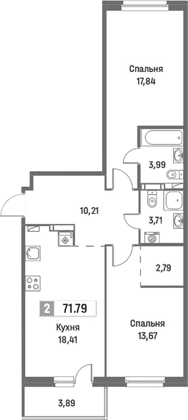 2-комнатная квартира 71.79 м², 12/16 эт., ЖК «Фотограф»