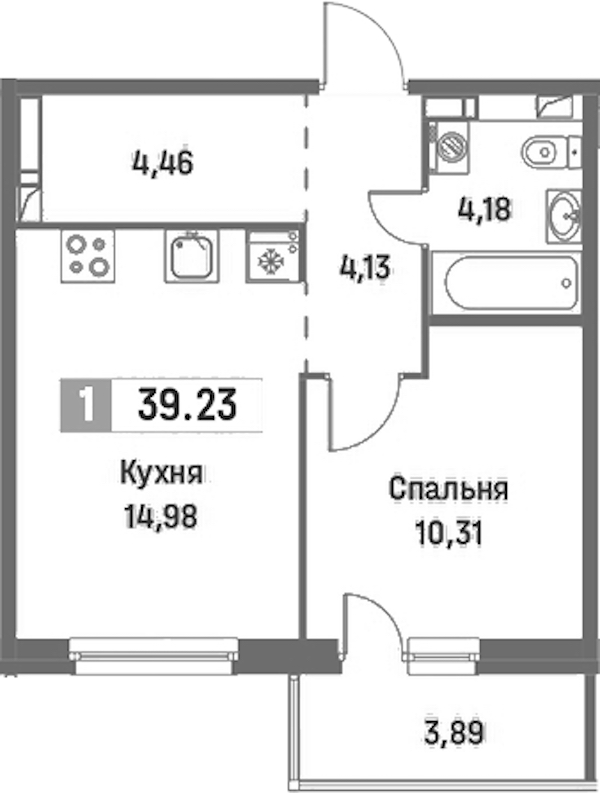 1-комнатная квартира 39.23 м², 13/16 эт., ЖК «Фотограф»