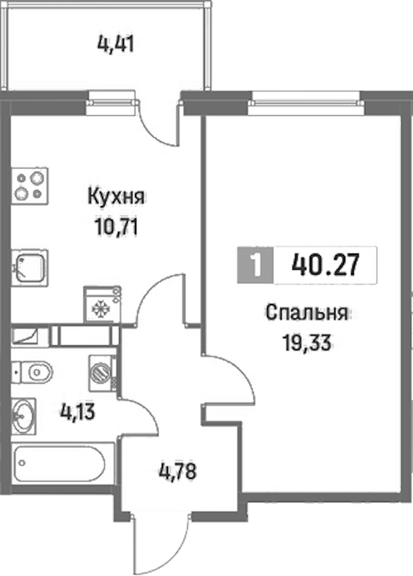 1-комнатная квартира 40.27 м², 14/16 эт., ЖК «Фотограф»