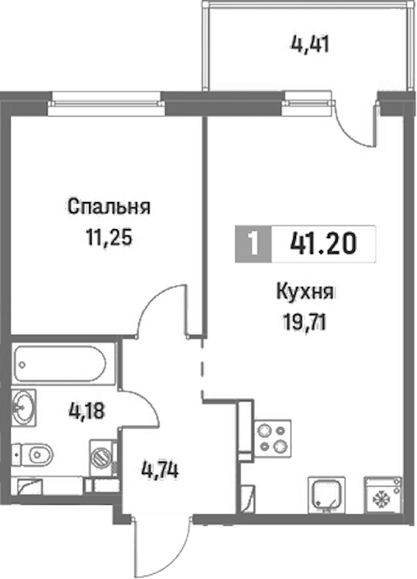 1-комнатная квартира 41.2 м², 14/16 эт., ЖК «Фотограф»