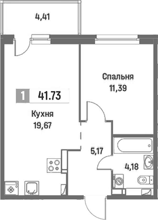 1-комнатная квартира 41.73 м², 15/16 эт., ЖК «Фотограф»