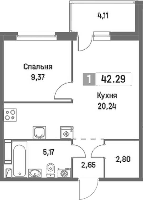 1-комнатная квартира 42.29 м², 15/16 эт., ЖК «Фотограф»