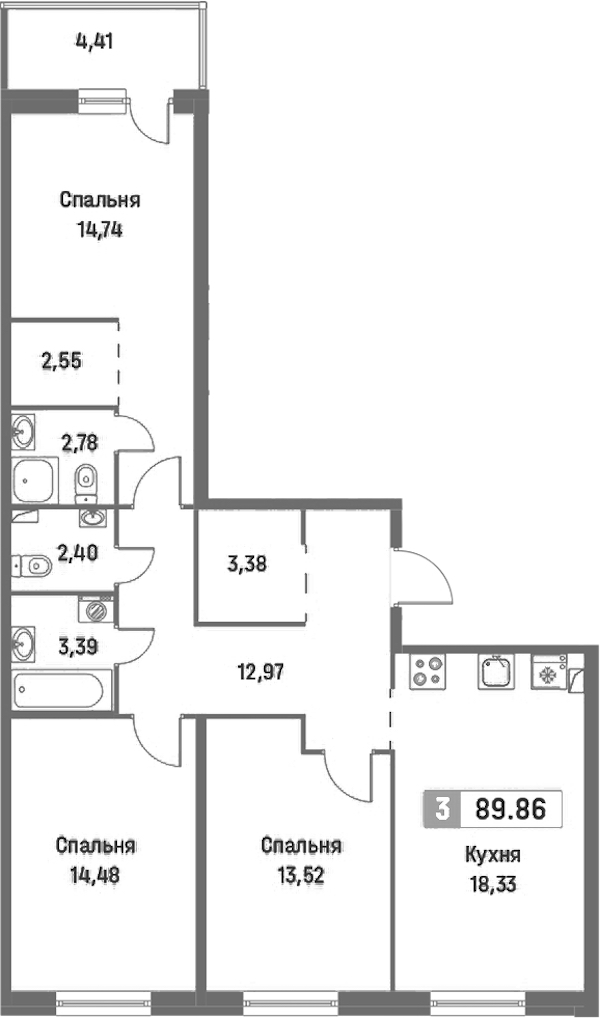 3-комнатная квартира 89.86 м², 2/16 эт., ЖК «Фотограф»