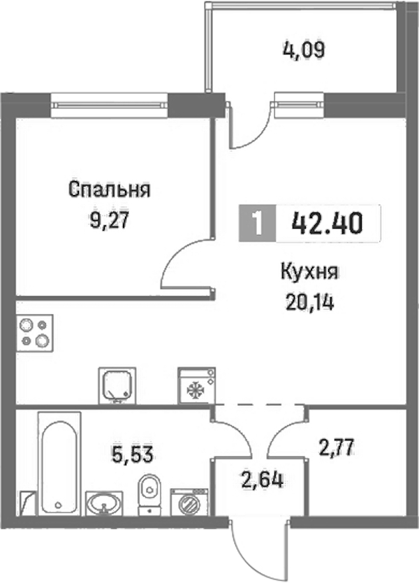 1-комнатная квартира 42.4 м², 2/16 эт., ЖК «Фотограф»