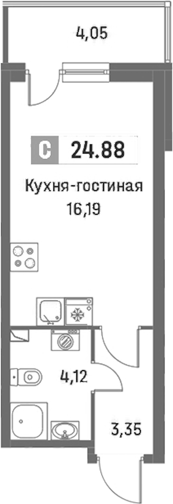 Квартира студия 24.88 м², 2/16 эт., ЖК «Фотограф»