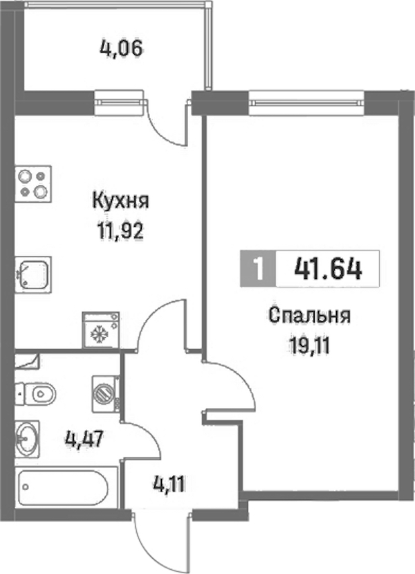1-комнатная квартира 41.64 м², 2/16 эт., ЖК «Фотограф»
