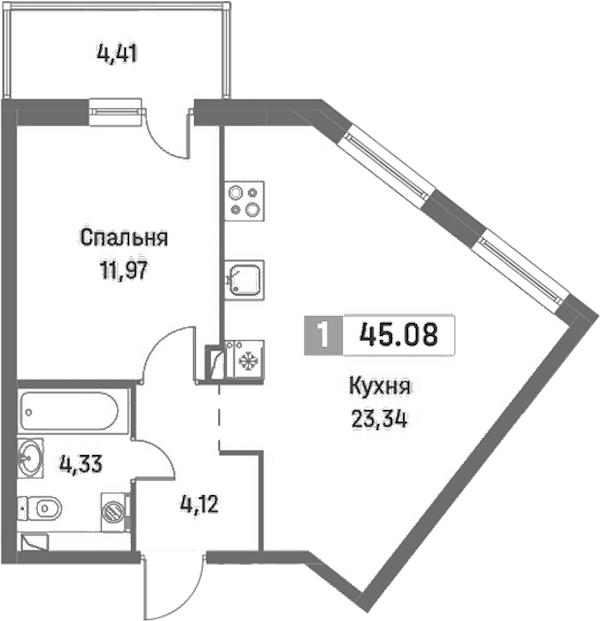 1-комнатная квартира 45.08 м², 2/16 эт., ЖК «Фотограф»