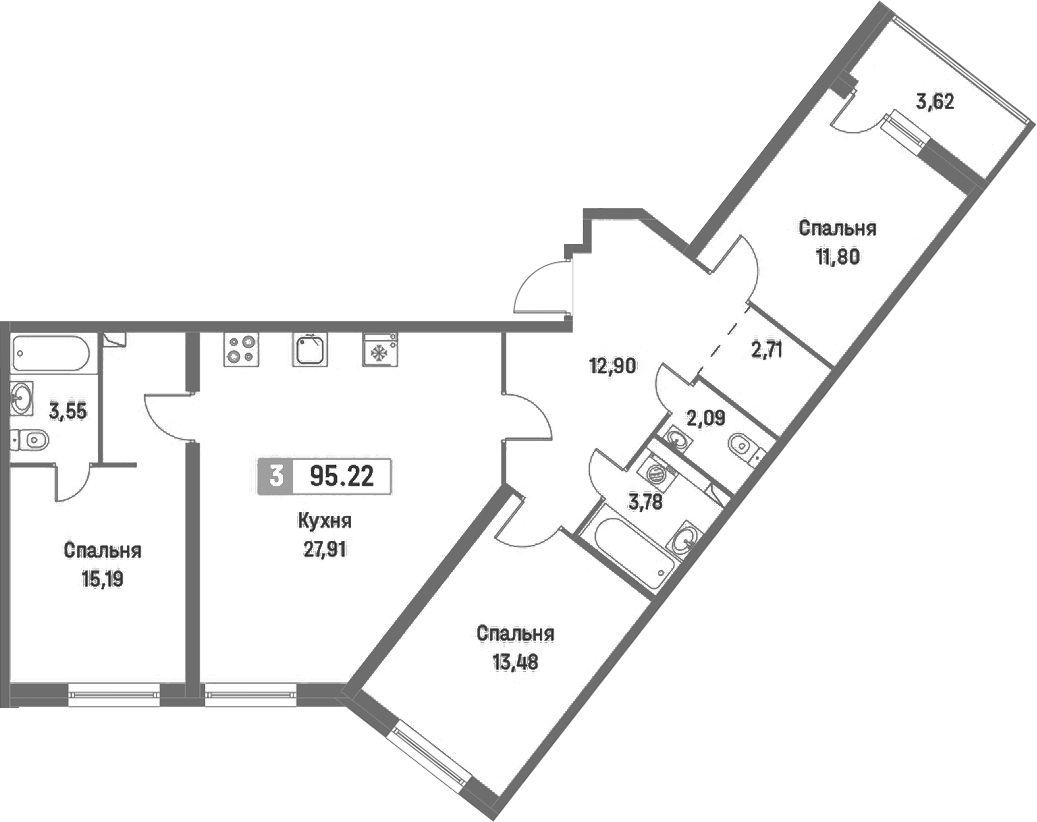 3-комнатная квартира 95.22 м², 2/16 эт., ЖК «Фотограф»
