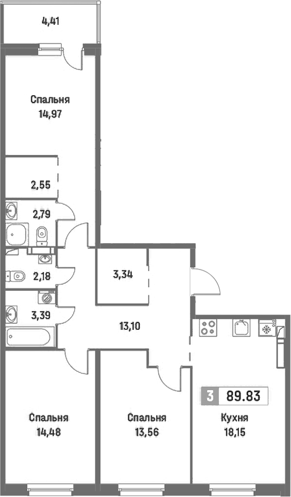 3-комнатная квартира 89.83 м², 3/16 эт., ЖК «Фотограф»