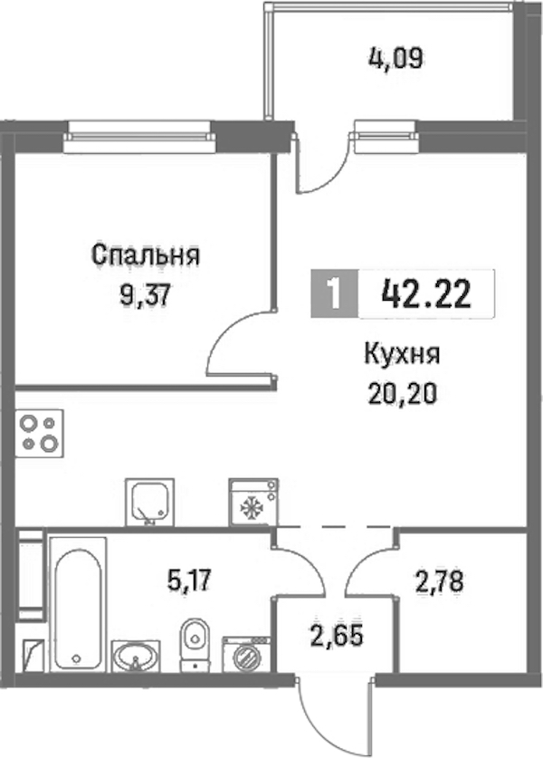 1-комнатная квартира 42.22 м², 3/16 эт., ЖК «Фотограф»