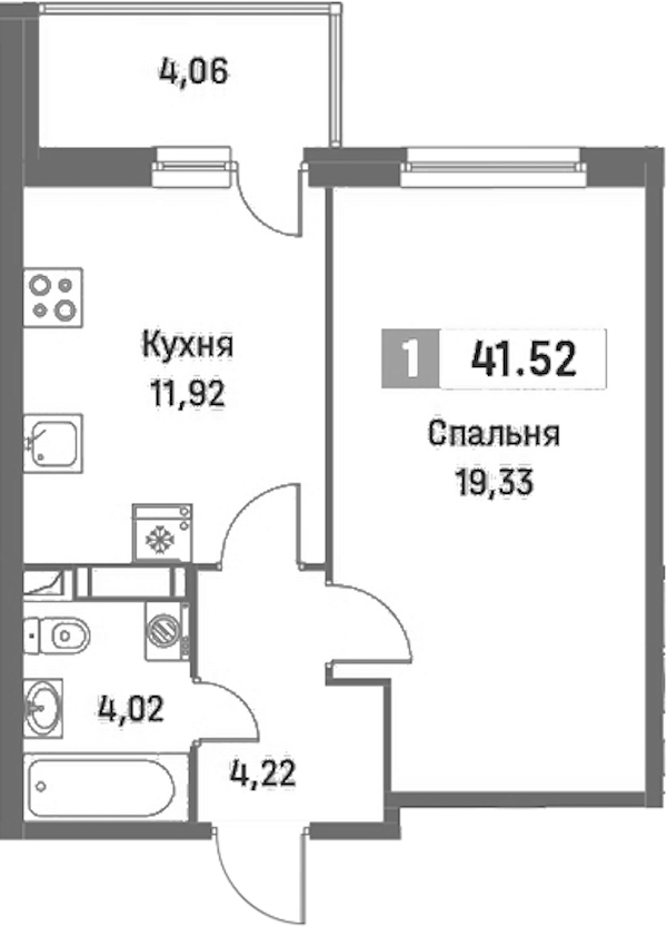 1-комнатная квартира 41.52 м², 3/16 эт., ЖК «Фотограф»