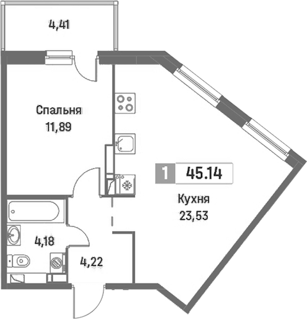1-комнатная квартира 45.14 м², 3/16 эт., ЖК «Фотограф»