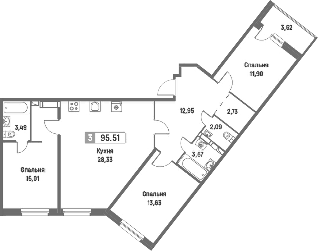 3-комнатная квартира 95.51 м², 3/16 эт., ЖК «Фотограф»