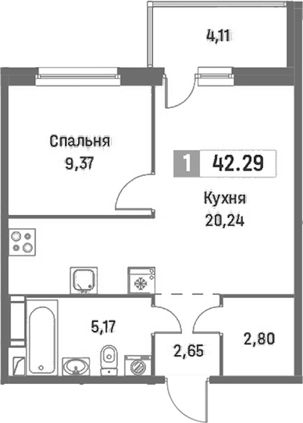 1-комнатная квартира 42.29 м², 4/16 эт., ЖК «Фотограф»