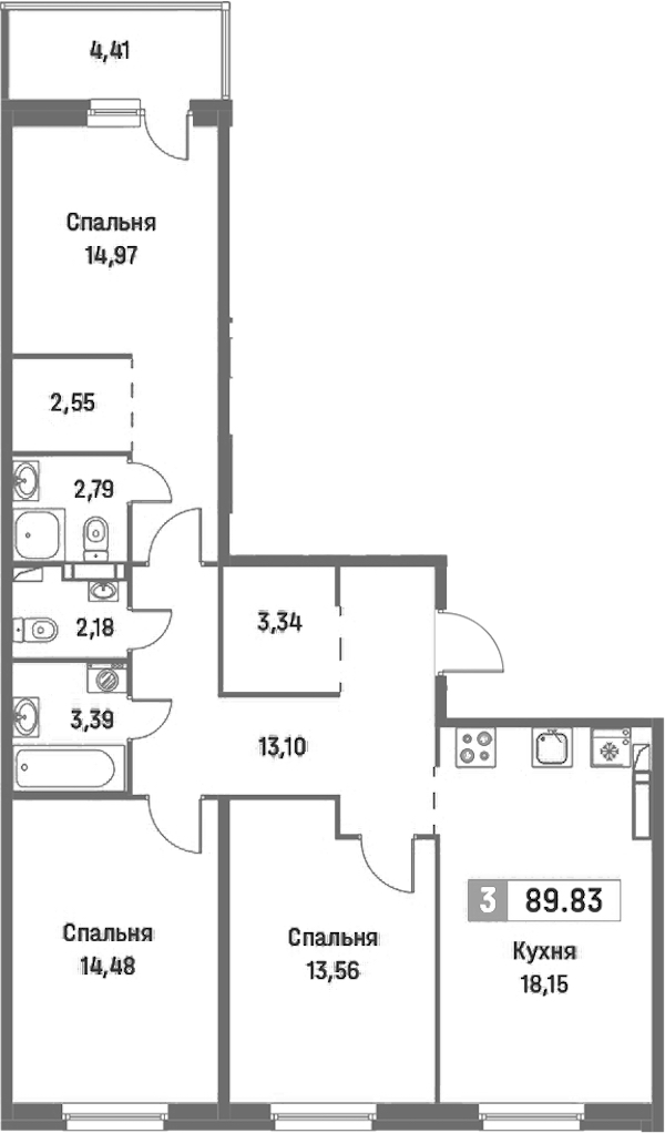 3-комнатная квартира 89.83 м², 5/16 эт., ЖК «Фотограф»