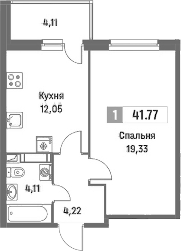 1-комнатная квартира 41.77 м², 6/16 эт., ЖК «Фотограф»