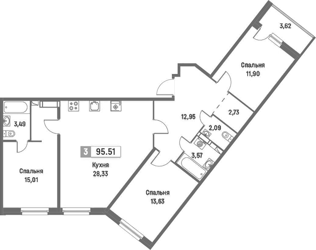 3-комнатная квартира 95.51 м², 11/16 эт., ЖК «Фотограф»
