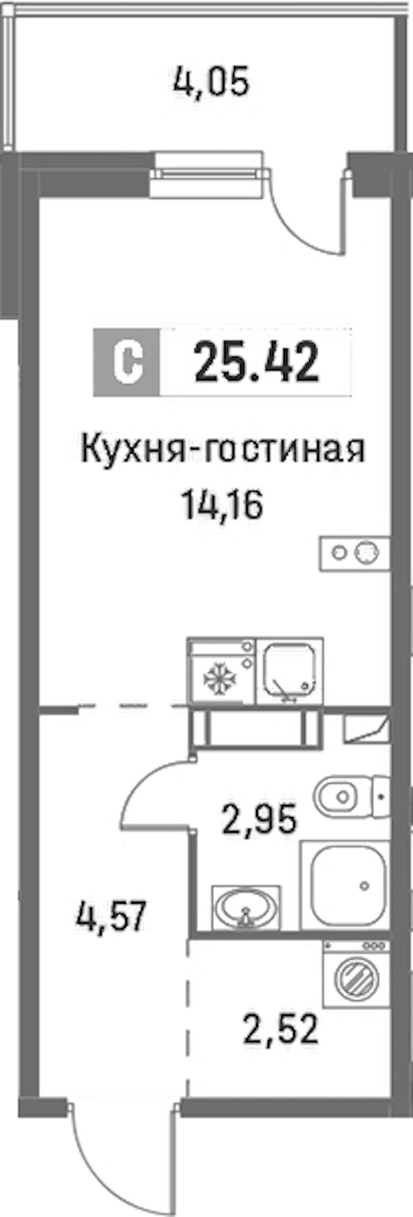 Квартира студия 25.42 м², 14/16 эт., ЖК «Фотограф»