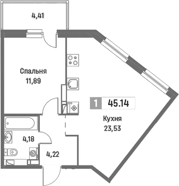 1-комнатная квартира 45.14 м², 15/16 эт., ЖК «Фотограф»