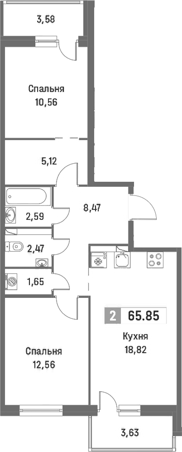2-комнатная квартира 65.85 м², 2/16 эт., ЖК «Фотограф»