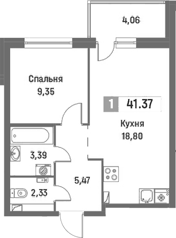 1-комнатная квартира 41.37 м², 2/16 эт., ЖК «Фотограф»