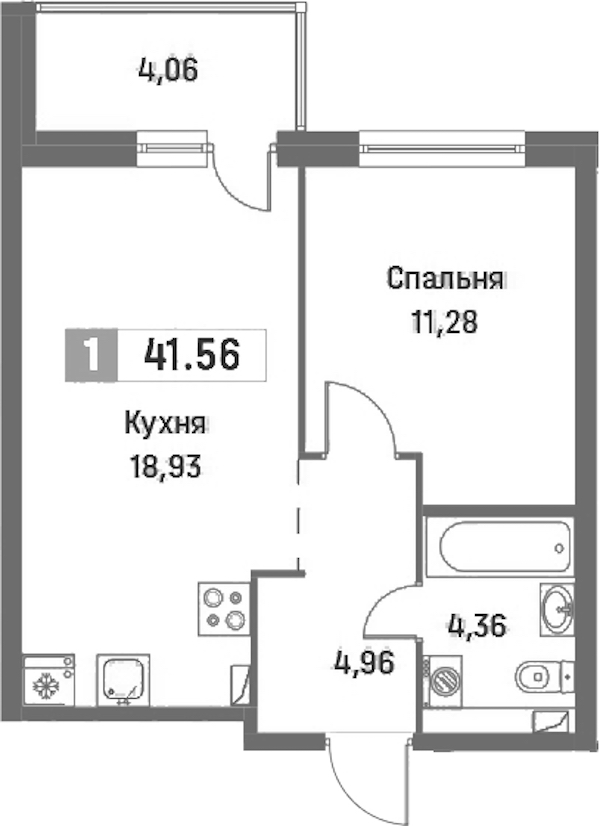 1-комнатная квартира 41.56 м², 2/16 эт., ЖК «Фотограф»