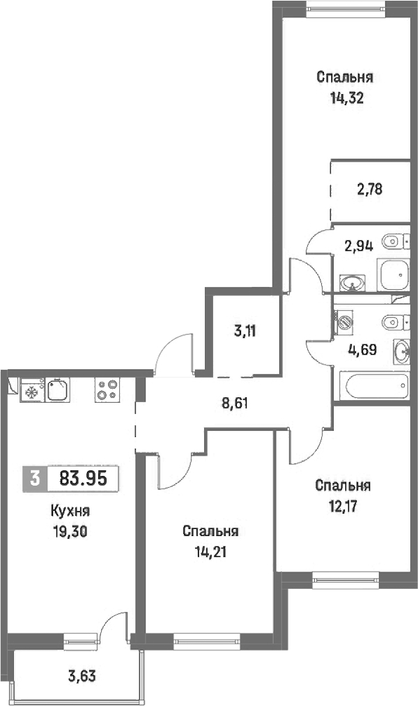 3-комнатная квартира 83.95 м², 2/16 эт., ЖК «Фотограф»