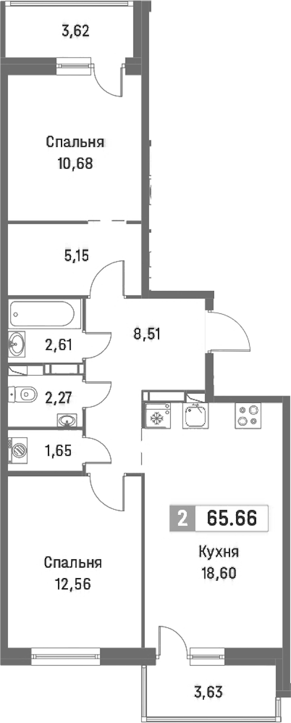 2-комнатная квартира 65.66 м², 3/16 эт., ЖК «Фотограф»