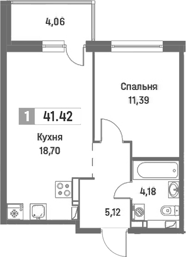 1-комнатная квартира 41.42 м², 3/16 эт., ЖК «Фотограф»