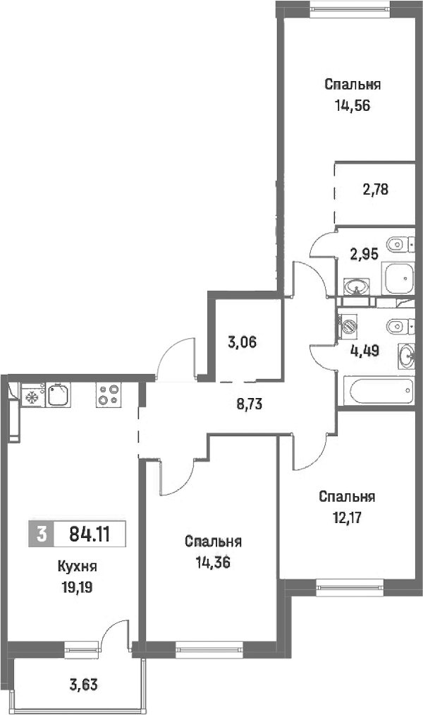 3-комнатная квартира 84.11 м², 3/16 эт., ЖК «Фотограф»
