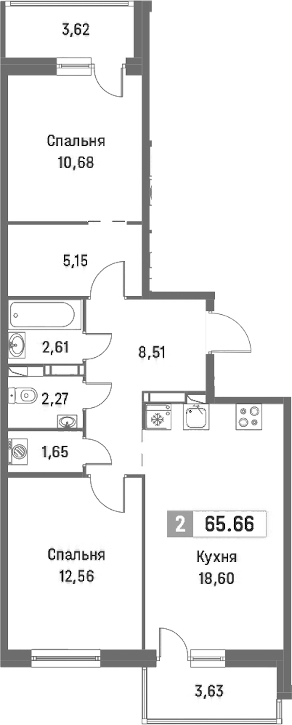2-комнатная квартира 65.66 м², 6/16 эт., ЖК «Фотограф»