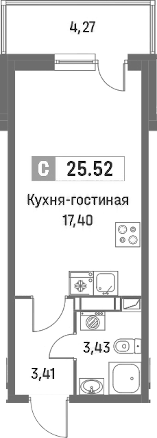 Квартира студия 25.52 м², 6/16 эт., ЖК «Фотограф»