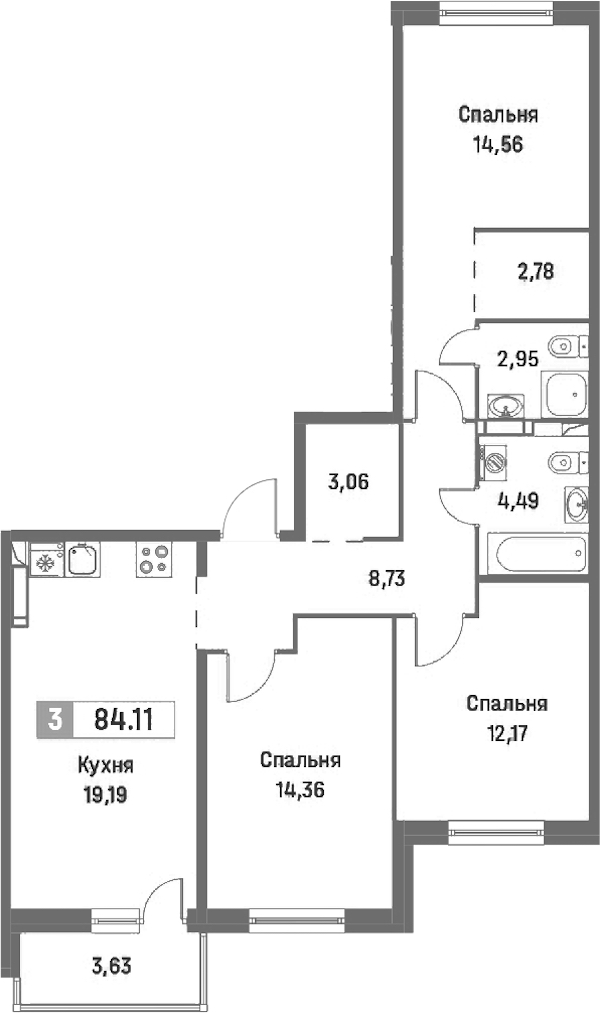 3-комнатная квартира 84.11 м², 11/16 эт., ЖК «Фотограф»