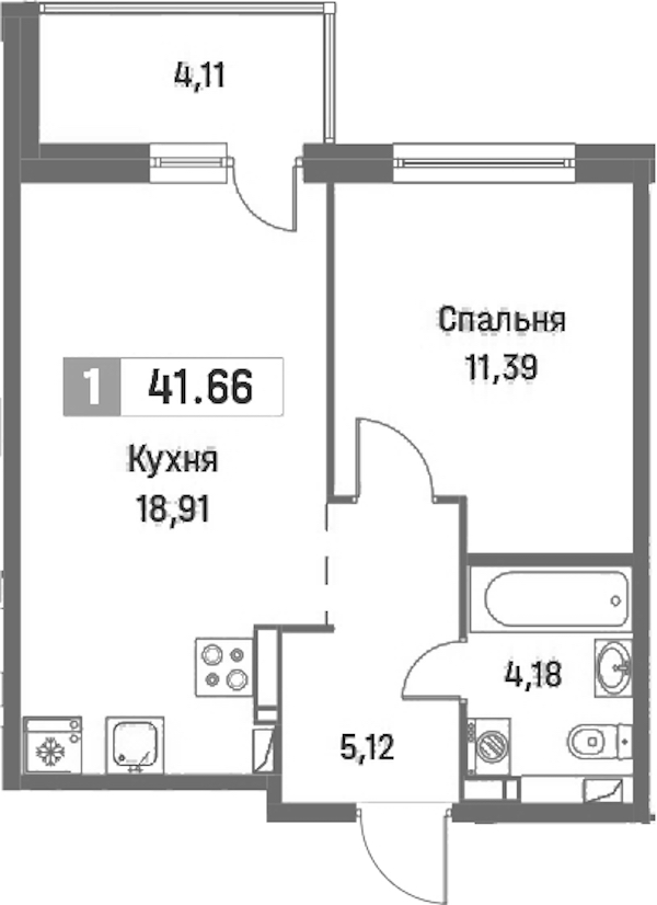 1-комнатная квартира 41.66 м², 12/16 эт., ЖК «Фотограф»