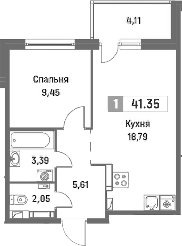 1-комнатная квартира 41.35 м², 13/16 эт., ЖК «Фотограф»
