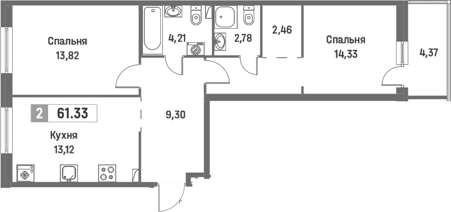 2-комнатная квартира 61.33 м², 2/16 эт., ЖК «Фотограф»