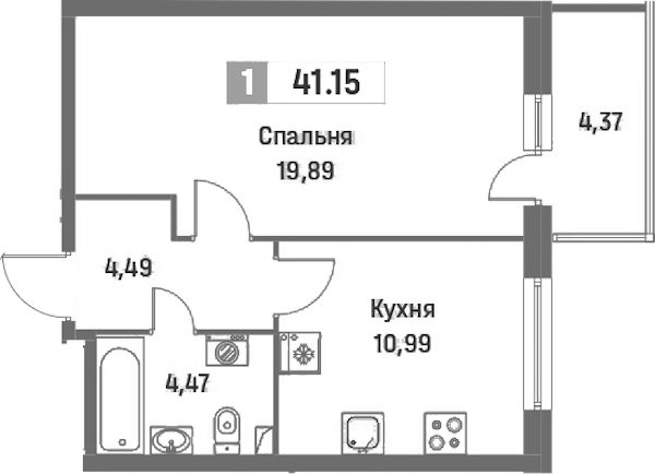1-комнатная квартира 41.15 м², 2/16 эт., ЖК «Фотограф»