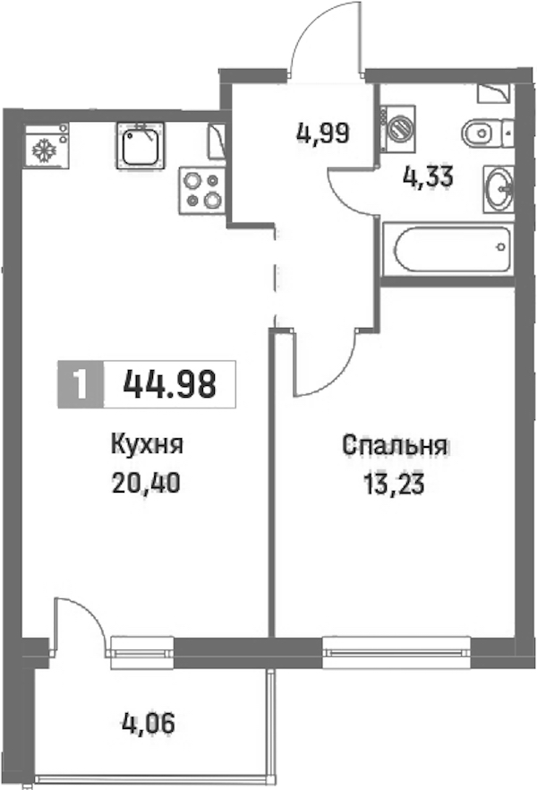 1-комнатная квартира 44.98 м², 2/16 эт., ЖК «Фотограф»