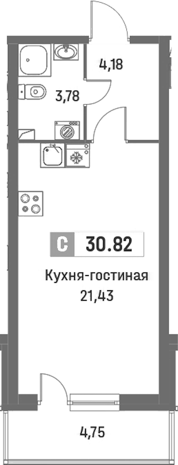 Квартира студия 30.82 м², 2/16 эт., ЖК «Фотограф»