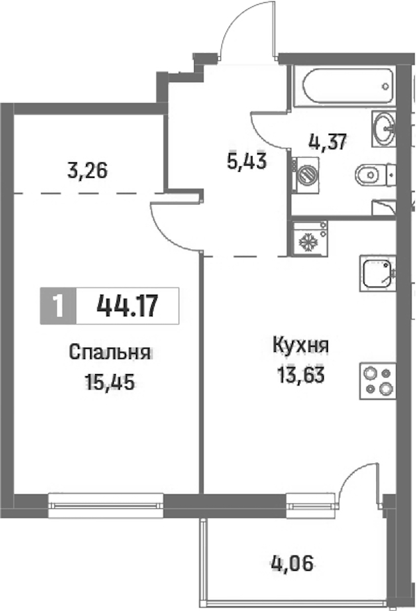 1-комнатная квартира 44.17 м², 2/16 эт., ЖК «Фотограф»