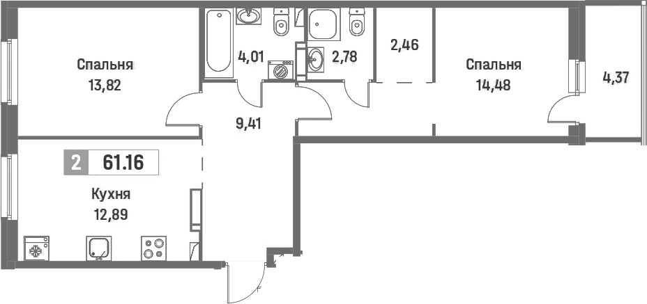 2-комнатная квартира 61.16 м², 3/16 эт., ЖК «Фотограф»