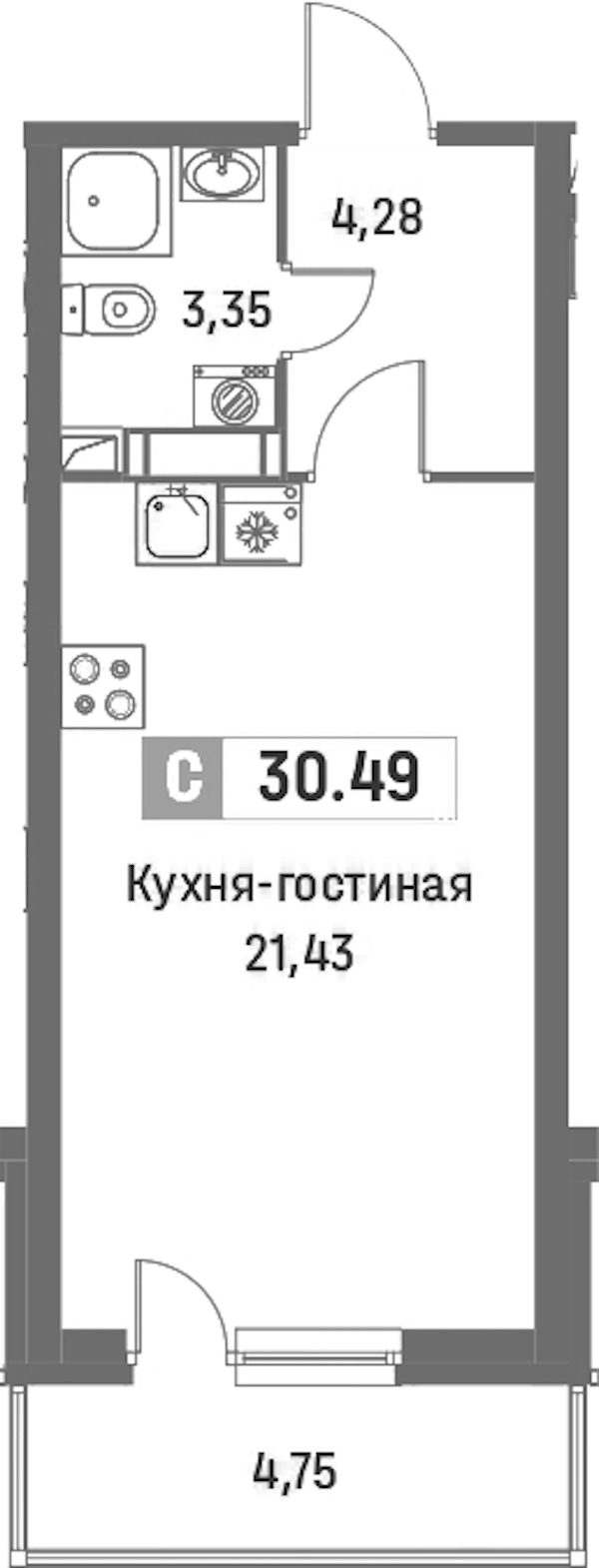 Квартира студия 30.49 м², 3/16 эт., ЖК «Фотограф»