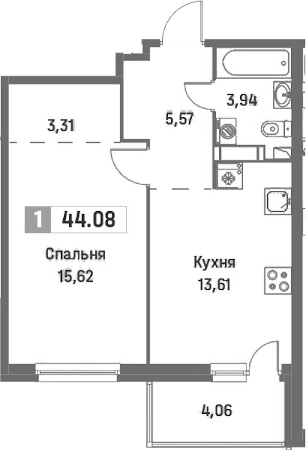1-комнатная квартира 44.08 м², 3/16 эт., ЖК «Фотограф»