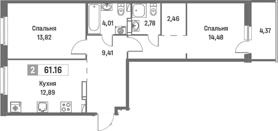 2-комнатная квартира 61.16 м², 5/16 эт., ЖК «Фотограф»
