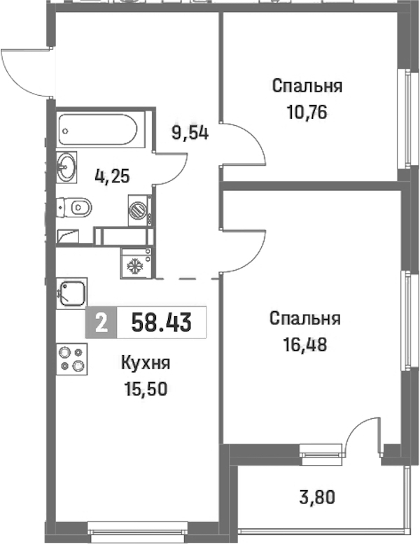 2-комнатная квартира 58.43 м², 11/16 эт., ЖК «Фотограф»