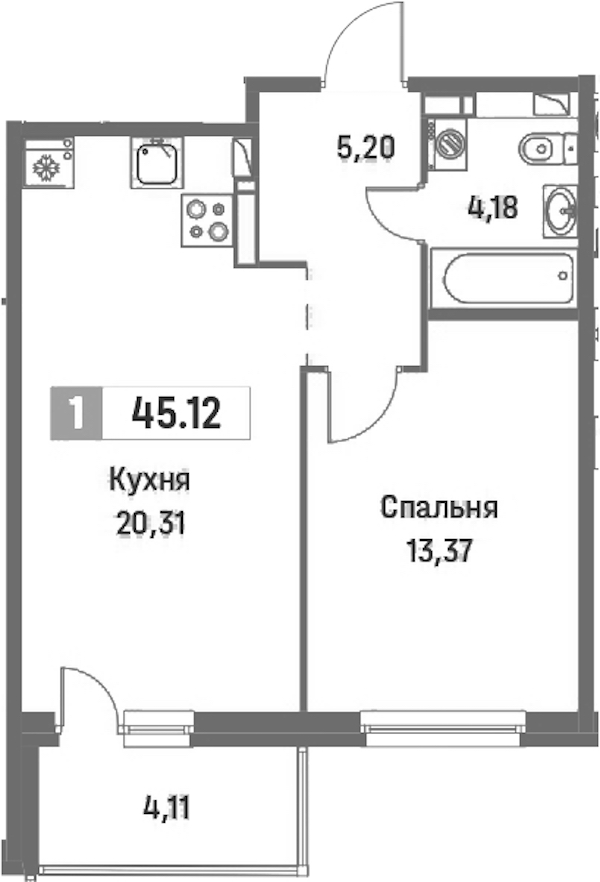 1-комнатная квартира 45.12 м², 12/16 эт., ЖК «Фотограф»